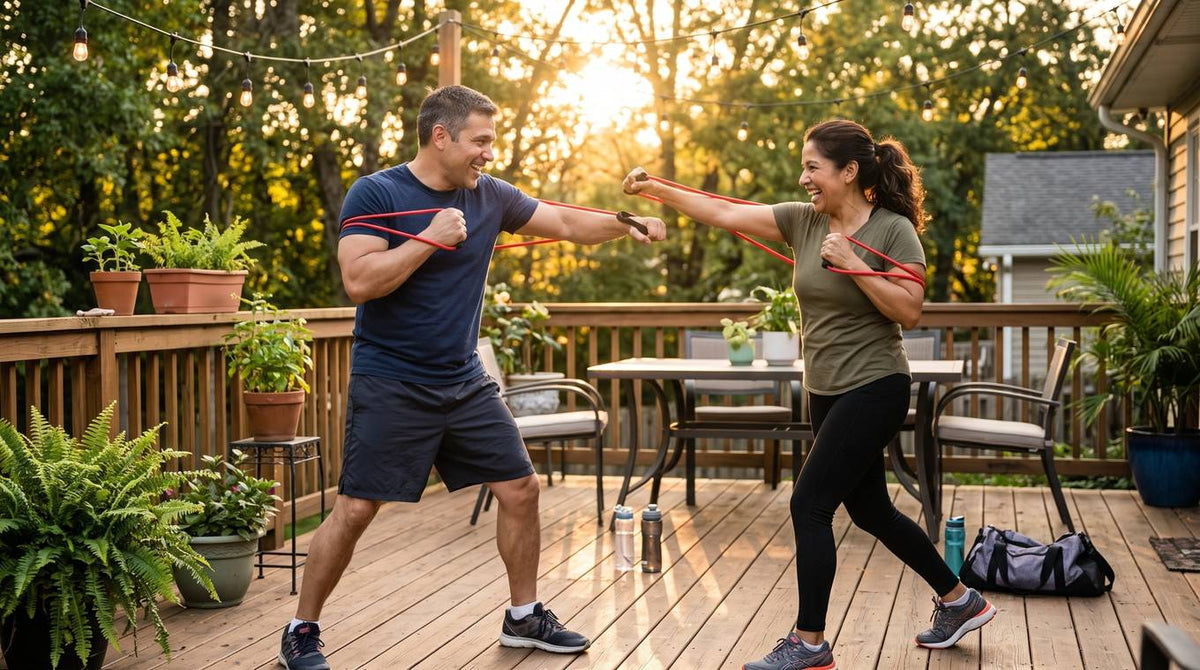 A man and a woman laughing while they box side by side with Ekoh resistance bands on a backyard deck at sunset