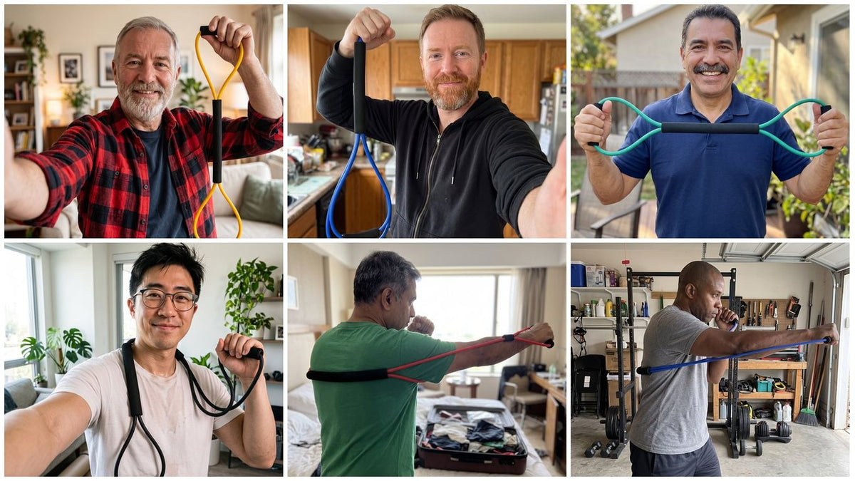 Six men of different ages holding and training with Ekoh resistance bands at home, in a kitchen, a backyard, a bedroom and a garage