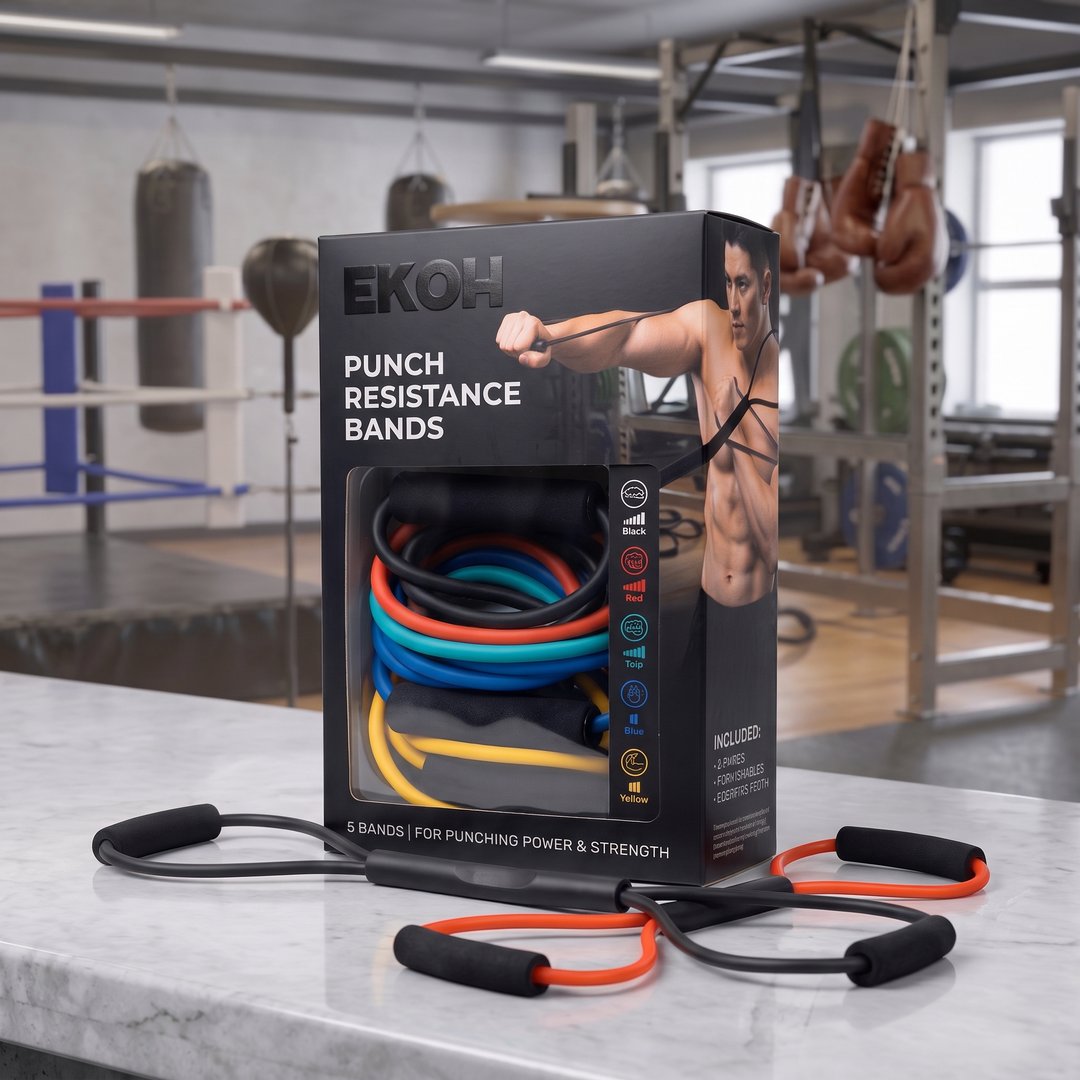 The Ekoh Punch Resistance Bands box on a counter with bands beside it, in a boxing gym