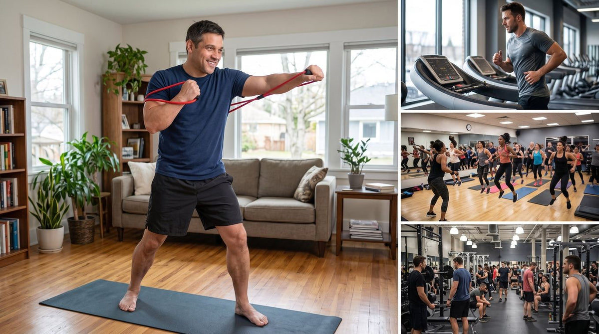 Boxing at home with a resistance band, feet planted on a mat, next to three crowded alternatives: a treadmill, a jump-heavy fitness class and a busy weights gym
