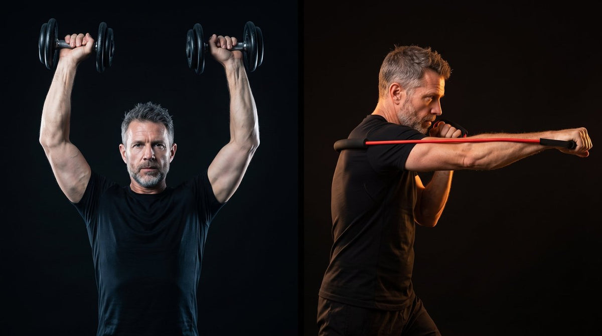 Left: a man pressing dumbbells overhead. Right: the same kind of man throwing a jab against a red Ekoh resistance band.