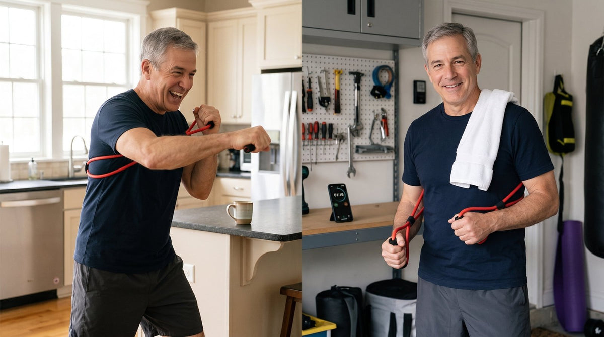 A grey-haired man grinning as he throws punches with an Ekoh band in his kitchen, and again resting with a towel in his garage after a round