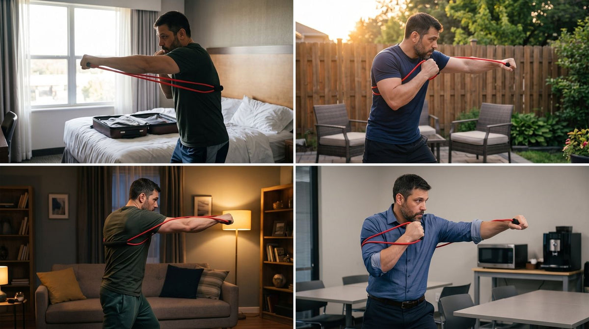 The same man training with an Ekoh resistance band in four places: a hotel room, a backyard patio, a small apartment and an office break room