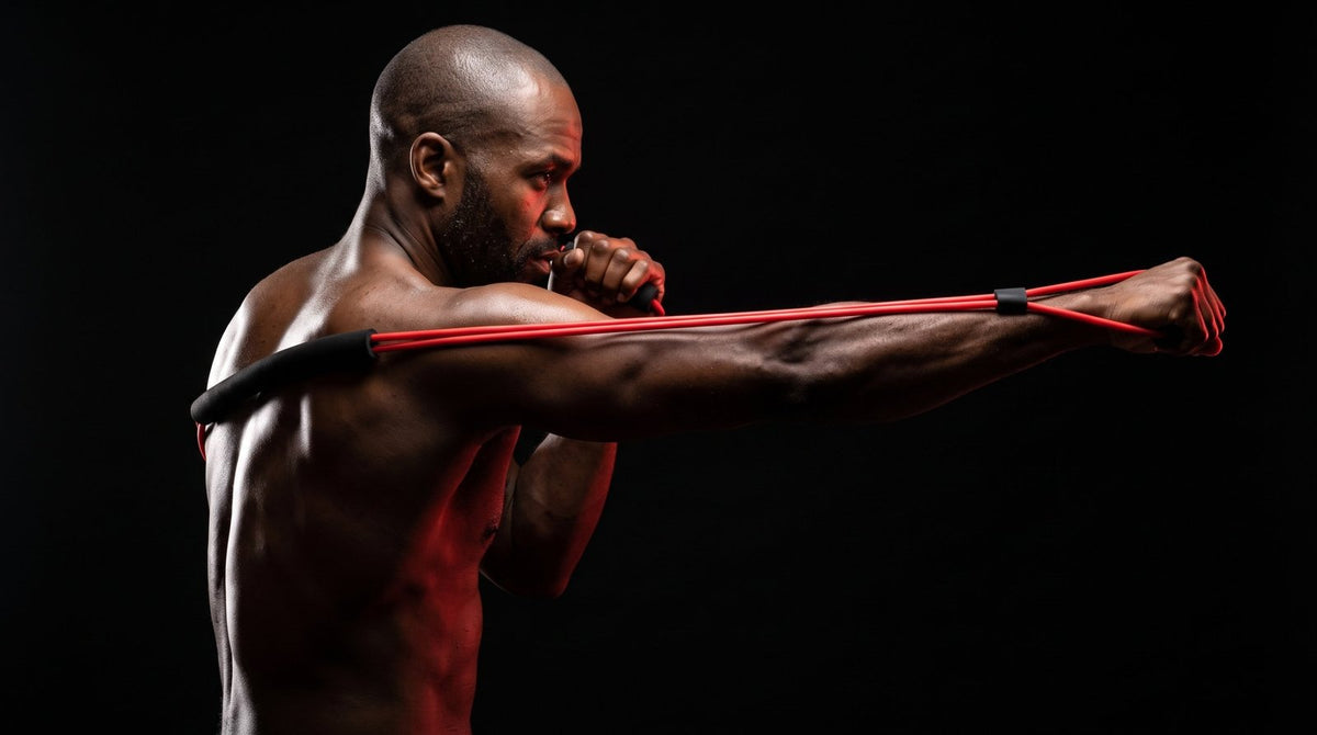 Studio profile shot of a man at full jab extension, the Ekoh band stretched tight across his back and along his arm