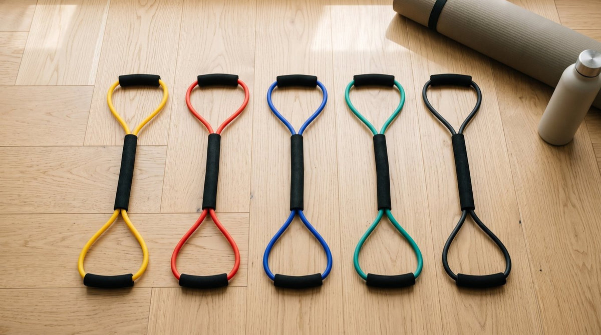 Five Ekoh punch resistance bands laid out side by side on a wood floor beside a rolled yoga mat and a water bottle